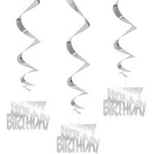 Load image into Gallery viewer, Happy Birthday Silver Hanging Swirl Decorations Pk 3
