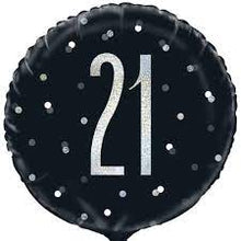 Load image into Gallery viewer, Birthday Black Glitz Number 21 Round Foil Balloon 18&quot;, Packaged
