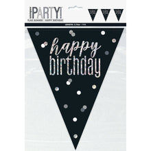 Load image into Gallery viewer, &quot;Happy Birthday&quot; Glitz Black &amp; Silver Prismatic Plastic Flag Banner (9ft)
