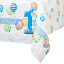 Load image into Gallery viewer, First Birthday Blue Balloons Rectangular Plastic Table Cover, 54&quot;x84&quot;
