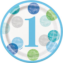 Load image into Gallery viewer, Blue Dots 1st Birthday Round 7&quot; Dessert Plates, 8ct
