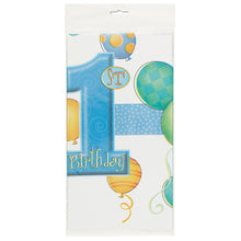 Load image into Gallery viewer, First Birthday Blue Balloons Rectangular Plastic Table Cover, 54&quot;x84&quot;
