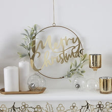 Load image into Gallery viewer, Gold Merry Christmas Door Wreath With Foliage
