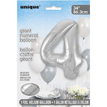 Load image into Gallery viewer, Silver Number 4 Shaped Foil Balloon 34&quot;
