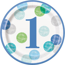 Load image into Gallery viewer, Blue Dots 1st Birthday Round 9&quot; Dinner Plates, 8ct
