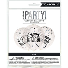Load image into Gallery viewer, 12&quot; Clear Printed Glitz &quot;Happy Birthday&quot; Balloons with Confetti, Black &amp; Silver
