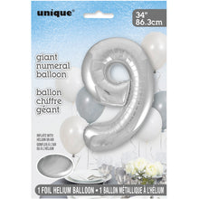 Load image into Gallery viewer, Silver Number 9 Shaped Foil Balloon 34&quot;

