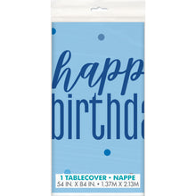 Load image into Gallery viewer, Glitz Blue &amp; Silver &quot;Happy Birthday&quot; Plastic Table Cover, 54&quot;x84&quot;
