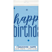 Load image into Gallery viewer, Glitz Blue &amp; Silver &quot;Happy Birthday&quot; Plastic Table Cover, 54&quot;x84&quot;
