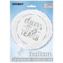 Load image into Gallery viewer, Silver Cheers to 25 Years Round Foil Balloon 18&quot;, Packaged
