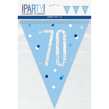 Load image into Gallery viewer, Age &quot;70&quot; Glitz Blue &amp; Silver Prismatic Plastic Flag Banner (9ft)
