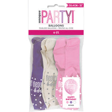 Load image into Gallery viewer, 12&quot; Glitz Petal Pink, Spring Lavender, &amp; White Latex Balloons &quot;Happy Birthday&quot; - 6ct
