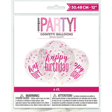 Load image into Gallery viewer, 12&quot; Clear Printed Glitz &quot;Happy Birthday&quot; Balloons with Confetti, Pink &amp; Silver
