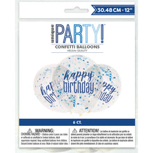 Load image into Gallery viewer, 12&quot; Clear Printed Glitz &quot;Happy Birthday&quot; Balloons with Confetti, Blue &amp; Silver
