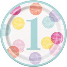 Load image into Gallery viewer, Pink Dots 1st Birthday Round 7&quot; Dessert Plates, 8ct
