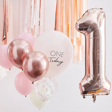 Load image into Gallery viewer, Pink and Rose Gold First Birthday Balloon Bouquet
