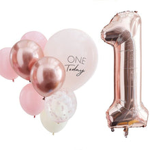 Load image into Gallery viewer, Pink and Rose Gold First Birthday Balloon Bouquet
