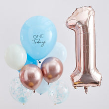 Load image into Gallery viewer, Blue and Rose Gold First Birthday Balloon Bouquet
