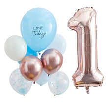 Load image into Gallery viewer, Blue and Rose Gold First Birthday Balloon Bouquet
