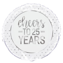 Load image into Gallery viewer, Silver Cheers to 25 Years Round Foil Balloon 18&quot;, Packaged
