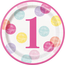 Load image into Gallery viewer, Pink Dots 1st Birthday Round 9&quot; Dinner Plates, 8ct
