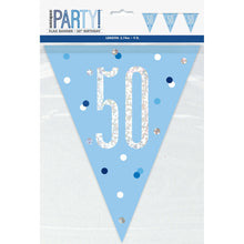 Load image into Gallery viewer, Age &quot;50&quot; Glitz Blue &amp; Silver Prismatic Plastic Flag Banner (9ft)
