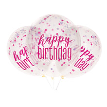 Load image into Gallery viewer, 12&quot; Clear Printed Glitz &quot;Happy Birthday&quot; Balloons with Confetti, Pink &amp; Silver
