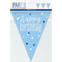 Load image into Gallery viewer, &quot;Happy Birthday&quot; Glitz Blue &amp; Silver Prismatic Plastic Flag Banner (9ft)
