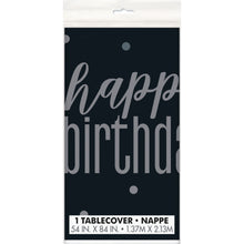 Load image into Gallery viewer, Glitz Black &amp; Silver &quot;Happy Birthday&quot; Plastic Table Cover, 54&quot;x84&quot;
