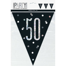 Load image into Gallery viewer, Age &quot;50&quot; Glitz Black &amp; Silver Prismatic Plastic Flag Banner (9ft)
