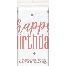 Load image into Gallery viewer, Glitz Rose Gold "Happy Birthday" Plastic Table Cover, 54"x84"
