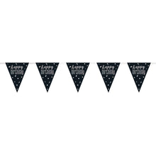 Load image into Gallery viewer, &quot;Happy Birthday&quot; Glitz Black &amp; Silver Prismatic Plastic Flag Banner (9ft)
