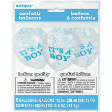 Load image into Gallery viewer, It`s A Boy Clear Latex Balloons with Blue Confetti 12 - 6ct
