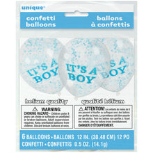 Load image into Gallery viewer, It`s A Boy Clear Latex Balloons with Blue Confetti 12&quot;, 6ct

