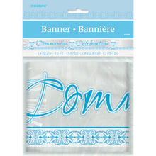 Load image into Gallery viewer, Foil Blue Radiant Cross &quot;Communion&quot; Banner, 12 ft, Long Fold
