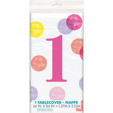 Load image into Gallery viewer, Pink Dots 1st Birthday Rectangular Plastic Table Cover, 54&quot;x84&quot;
