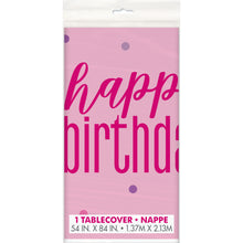 Load image into Gallery viewer, Glitz Pink &amp; Silver &quot;Happy Birthday&quot; Plastic Table Cover, 54&quot;x84&quot;
