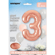 Load image into Gallery viewer, Rose Gold Number 3 Shaped Foil Balloon 34&quot;
