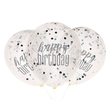 Load image into Gallery viewer, 12&quot; Clear Printed Glitz &quot;Happy Birthday&quot; Balloons with Confetti, Black &amp; Silver
