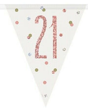 Load image into Gallery viewer, Birthday Rose Gold Glitz Number 21 Prism Pennant Banner, 9 ft
