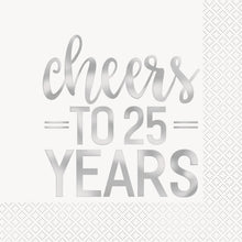 Load image into Gallery viewer, Silver Foil Cheers to 25 Years Luncheon Napkins, 16ct - Foil Stamped

