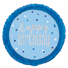 Load image into Gallery viewer, 18&quot; Glitz Blue &amp; Silver Round Foil Balloon Packaged &quot;Happy Birthday&quot;
