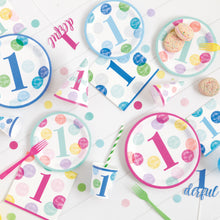 Load image into Gallery viewer, Blue Dots 1st Birthday Round 7&quot; Dessert Plates, 8ct
