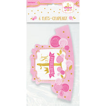 Load image into Gallery viewer, Pink &amp; Gold First Birthday Party Hats, 6ct

