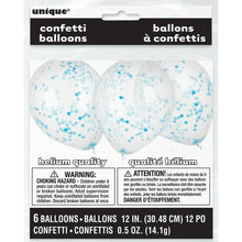 Load image into Gallery viewer, Clear Latex Balloons with Powder Blue Confetti 12&quot;, 6ct
