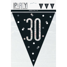 Load image into Gallery viewer, Age &quot;30&quot; Glitz Black &amp; Silver Prismatic Plastic Flag Banner (9ft)
