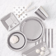 Load image into Gallery viewer, Silver Foil Round 7&quot; Dessert Plates, 8ct - Foil Board
